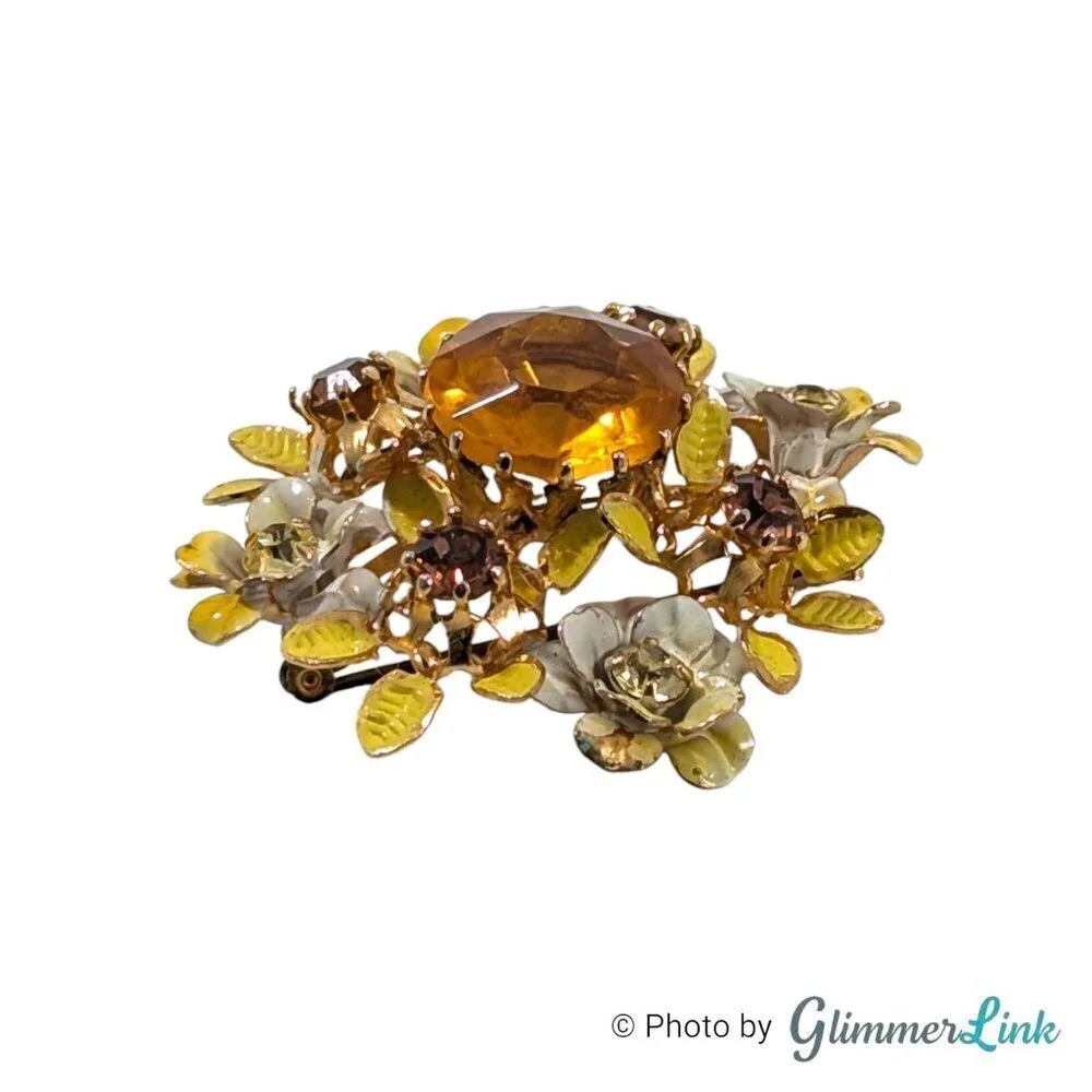 Vintage Austria Floral Yellow Enamel Orange Topaz Glass Crystal Gold Tone Brooch